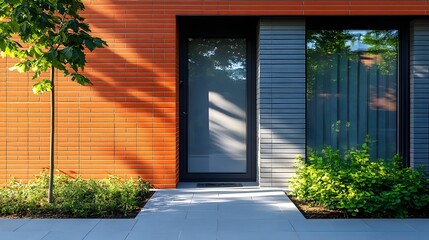  a minimalistic architectural scene. building facade with a single centered door.Concept for  of simplicity, warmth, and serenity.