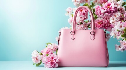 Stylish Pink Handbag Surrounded by Beautiful Spring Flowers