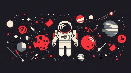 Obraz premium Abstract Flat Design Illustration of an Astronaut Exploring Space and Planets