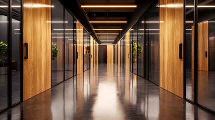 Fototapeta premium Modern hostel corridor with wooden doors, soft lighting, sleek minimalistic design, warm tones, clean lines, and polished floors