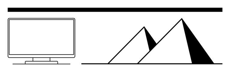 Computer monitor beside stylized pyramids under bold horizontal line. Ideal for technology, history, culture, education, travel, architecture, and design themes. Line metaphor