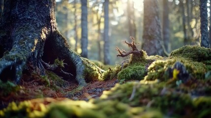 Obraz premium Tranquil Forest Scene with Sunlight Filtering Through Trees
