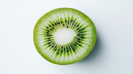 Fresh kiwi fruit sliced in half, seeds vividly detailed, centered on a pure white background, highlighting vibrant green color and juicy texture