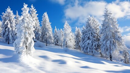 Obraz premium Winter wonderland landscape. Snowy forest with snow covered trees. Concept of winter beauty, serenity, and nature.