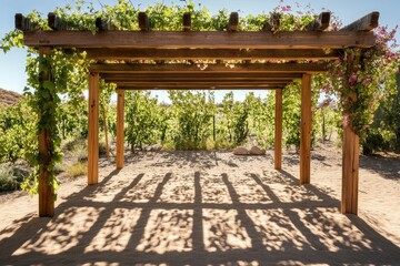 Obraz premium Wooden pergola, leafy vines, sunlit sand, dappled shade.