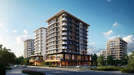 modern urban development with contemporary high-rise buildings featuring sleek glass facades and clean architectural lines, themes of urban lifestyle, luxury living, and modern architecture.