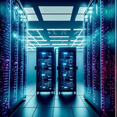 Data centers filled with rows and rows of servers as blinking light indicate constant processing, high detail, cinematic angle composition