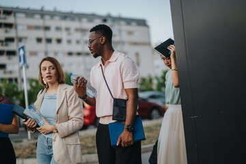 A group of young business people walking together, heading to a meeting. They are holding notebooks and water bottles, dressed in business casual attire, fostering teamwork and collaboration.