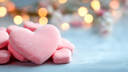 Obraz premium Pink Heart-Shaped Candy on Surface with Soft Background and Blurred Lights for Romantic Themes
