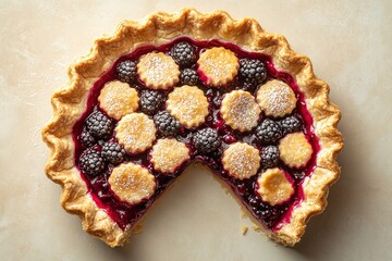 Overhead shot of berry pie with one slice missing