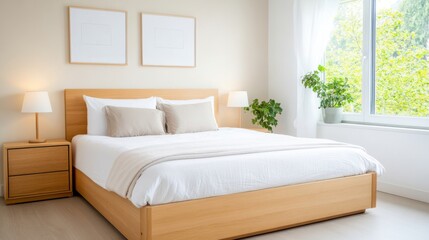 Fototapeta premium Cozy and Modern Bedroom with Natural Light, Simple Decor and Greenery for Relaxing Atmosphere