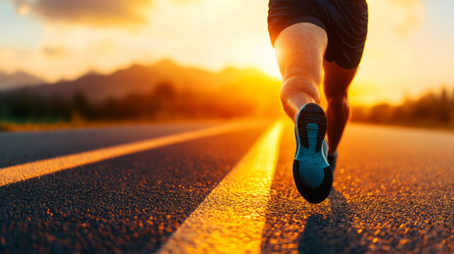 Runner in Motion at Sunset on a Road with Mountains and Warm Light in Background