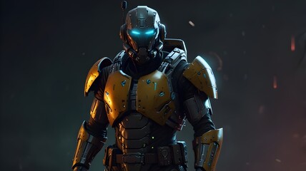 A cybernetic bounty hunter with glowing eyes