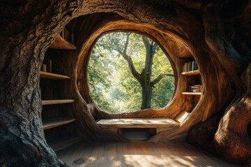 Wooden tree nook, shelves, books, sunlight, nature view.