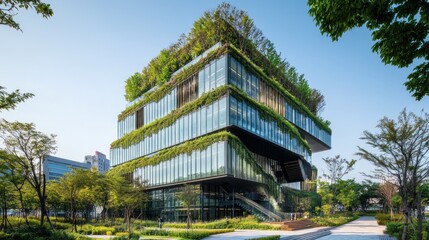 Modern green building with lush vegetation covering its facade.