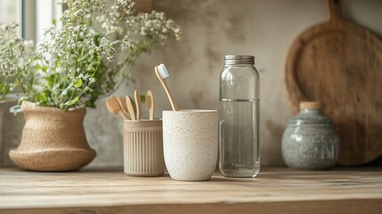 Bamboo toothbrushes, water bottle, and vase on wooden shelf.