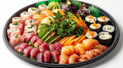 Fresh sushi platter with vibrant rolls, sashimi, and garnishes, arranged neatly on a white background for a clean, appetizing look .