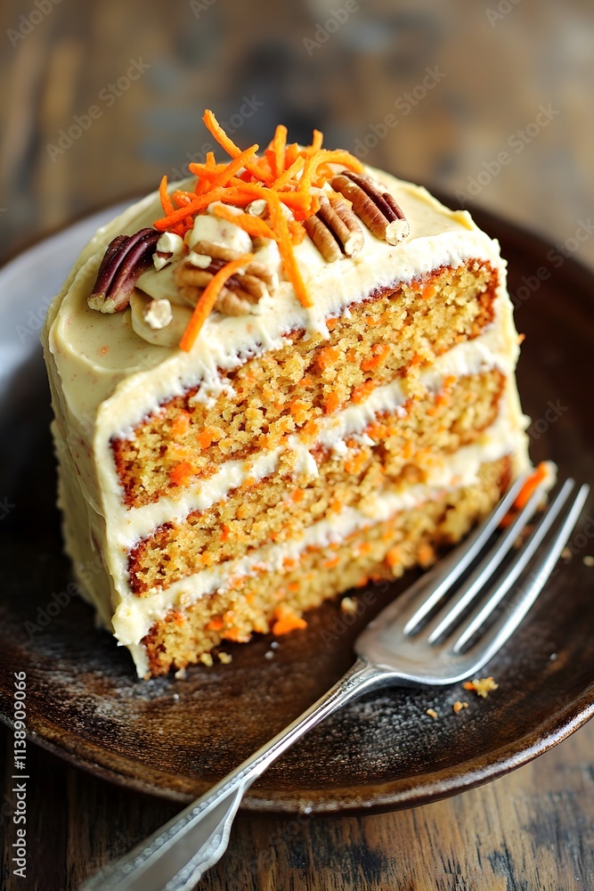 Poster a slice of moist carrot cake layered with cream cheese frosting and topped with nuts and carrots.