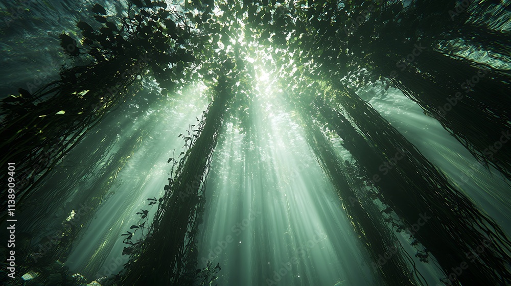Poster sun rays filter through dense kelp forest in a clear ocean.