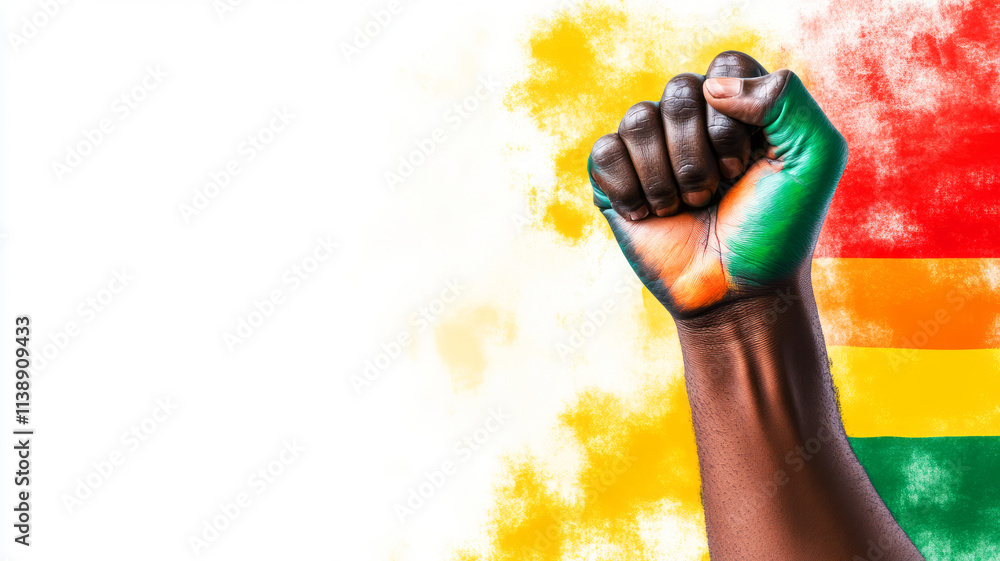 Poster powerful raised fist symbolizing unity and strength against injustice on colorful background