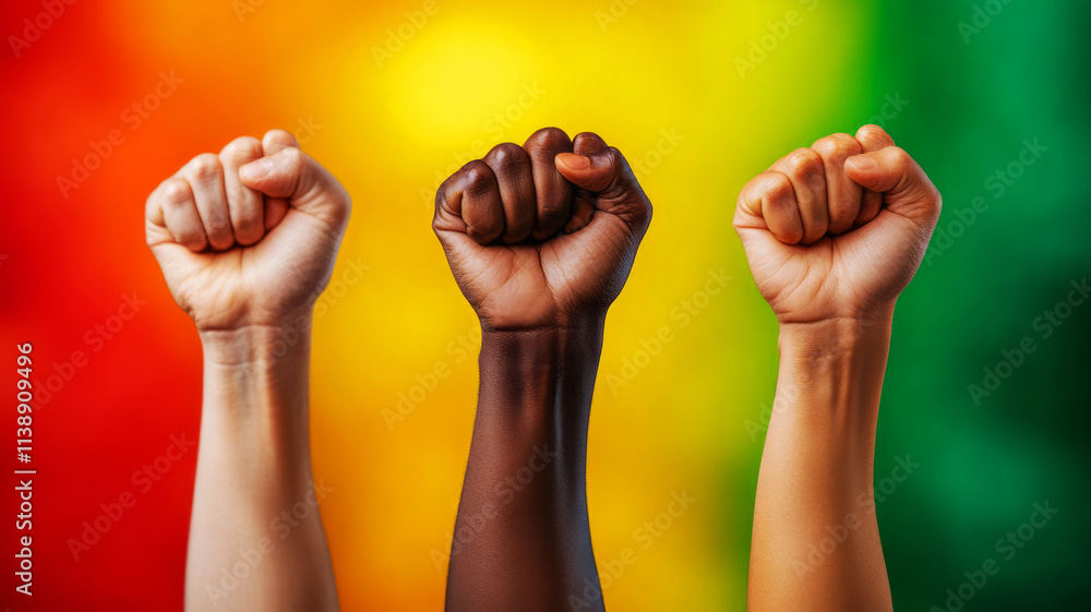 Poster diverse hands with raised fists against a vibrant rainbow background symbolizing unity and strength
