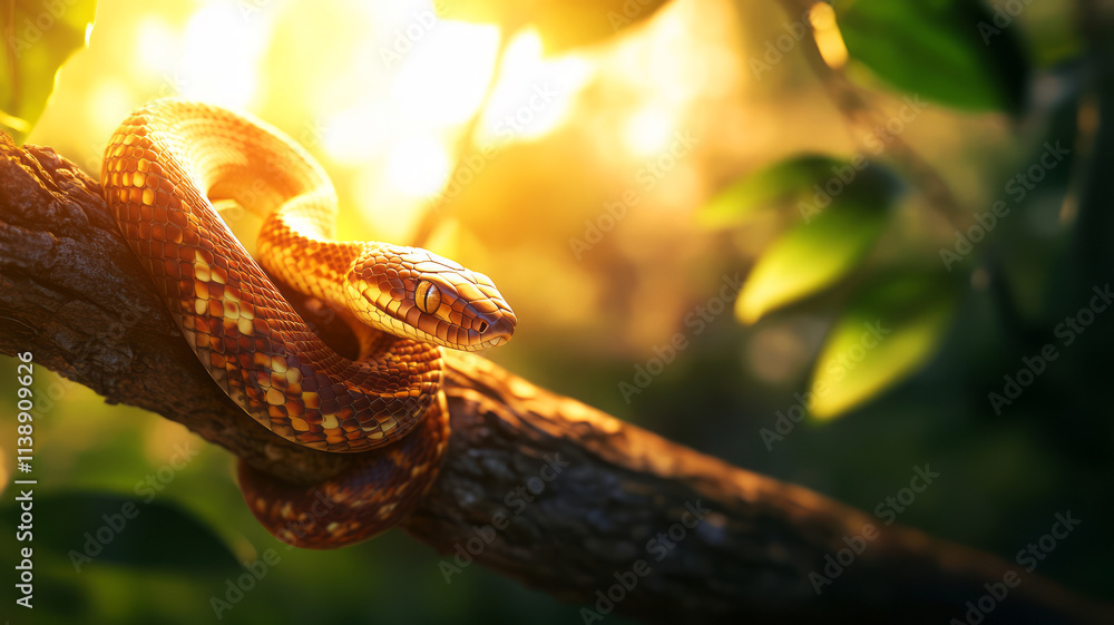 Poster captivating close-up of a colorful snake coiled on a branch in soft golden light