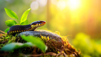 Obraz premium Serene Snake on Stone Surrounded by Lush Greenery in Soft Golden Morning Light