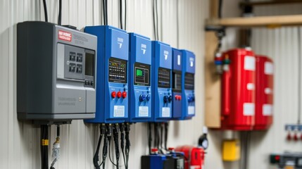A closeup of variable frequency drive controllers mounted on a wall linking to various machines while displaying LED indicators that reflect energy usage minimization strategies.