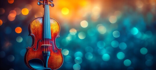 Classical Violin Set Against Colorful Bokeh Lights, Evoking Music, Art, and Performance.