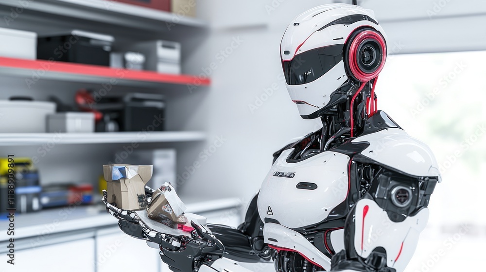 Aufkleber a futuristic robot holding a small package in a workshop setting.