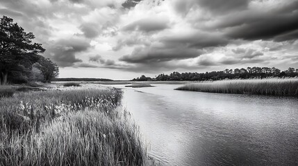 Black and white tranquil river landscape. Concept of nature, serenity, and calmness.