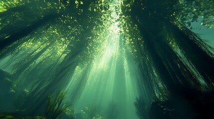 Sunbeams penetrate a submerged forest, illuminating the water and trees.