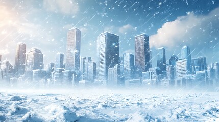Frozen Cityscape, Blizzard in Metropolis. Concept of extreme weather, urban disaster, and winter storm.