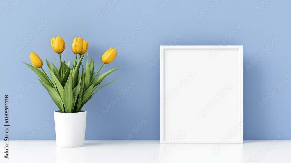 Poster a minimalist setup with yellow tulips and a blank frame.