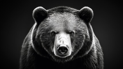 Intense black-and-white portrait of a Kamchatka brown bear, front view, with piercing gaze, isolated on a deep black background, dramatic predator style