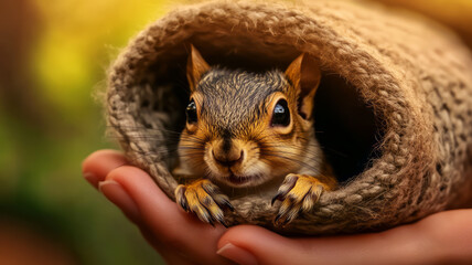 Obraz premium Adorable Squirrel Nestled in Cozy Handcrafted Blanket Cuddle Moment in Natural Environment