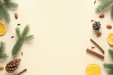 Composition with fir branches, spices, pine cones and dried orange slices on color background