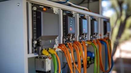 An image capturing the intricate wiring inside a solar inverter with colorful cables neatly organized illustrating the conversion of DC power from solar panels to usable AC power.
