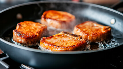 Golden Brown Bread Slices Cooking in a Pan with Steam and Bubble Action for Culinary Imagery
