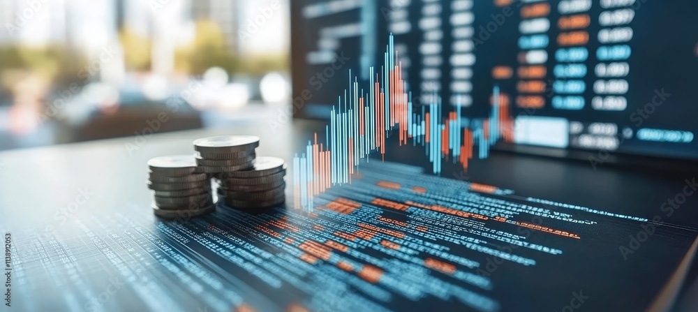 Poster stacks of coins, growing charts, digital binary code abstract technology finance concept