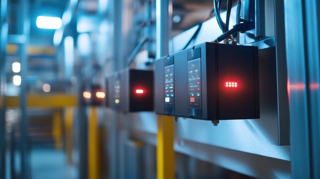 A of data servers mounted in an industrial setting with blinking lights indicating active communication and seamless integration within factory operations.