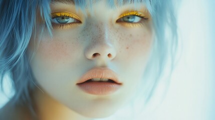 Close-up portrait of a young woman with vibrant makeup and freckles.