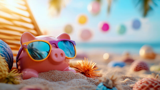 Vibrant Piggy Bank on Sandy Beach with Sunglasses and Colorful Decorations in Sunlight