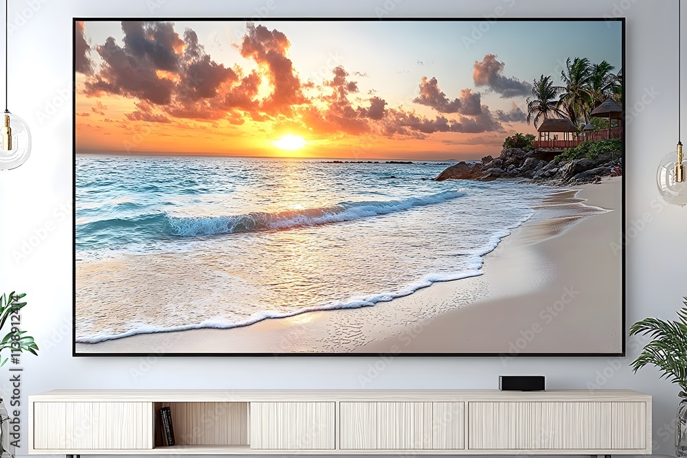 Poster a serene beach scene with a sunset over waves and palm trees, creating a tranquil atmosphere.