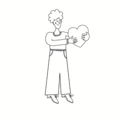 A cute guy carries a heart. Line art. Vector illustration in doodle style. Vector illustration.