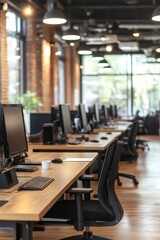 Modern Open Plan Office Interior with Natural Light, Long Desks, and Ergonomic Chairs