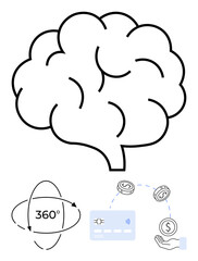 Black and white brain with surrounding icons 360-degree rotation arrows, bank card and coins, and hand holding coin. Ideal for finance, banking, technology, neuroscience, education, digital learning