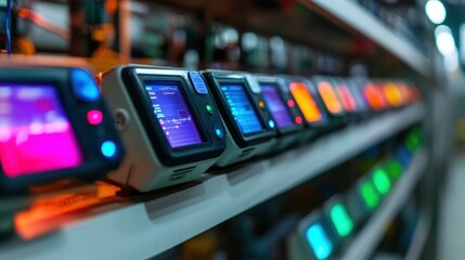 Naklejka premium An array of interconnected devices on a factory shelf powered by IoT technology each displaying status updates and performance metrics in colorful screens.