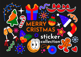 Colorful vector set of New Year stickers and decals for decoration and design. Christmas, new year stickers in cartoon style. Holiday gifts, santa, christmas tree, coziness, retro groovy style.
