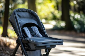 Gray stroller with tray, outdoors, woodland background.